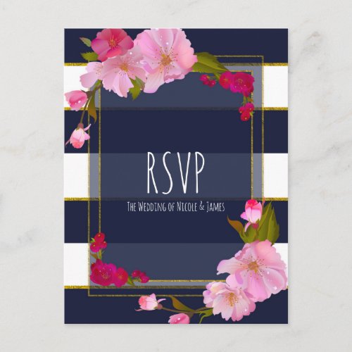Blue White and Gold Modern Floral Chic Glam RSVP Invitation Postcard