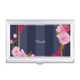 Blue White and Gold Modern Floral Chic Glamour Business Card Case