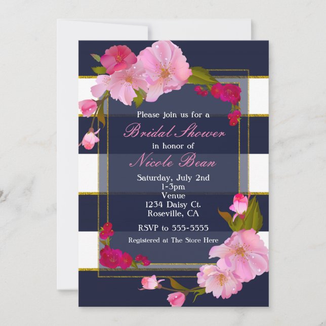 Blue White and Gold Modern Floral Chic Party Invitation (Front)