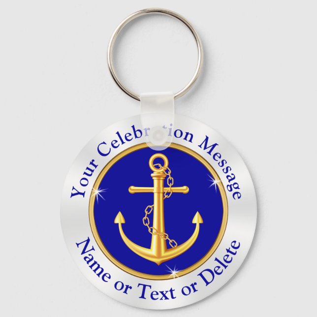Blue, White and Gold Personalized Anchor Keychains (Front)