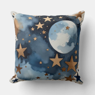 Blue White and Gold stars and moon Throw Pillow