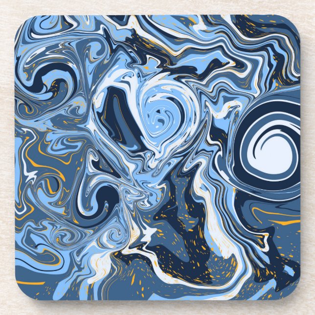 Blue, White and Gold Swirls Fluid Art     Beverage Coaster (Front)