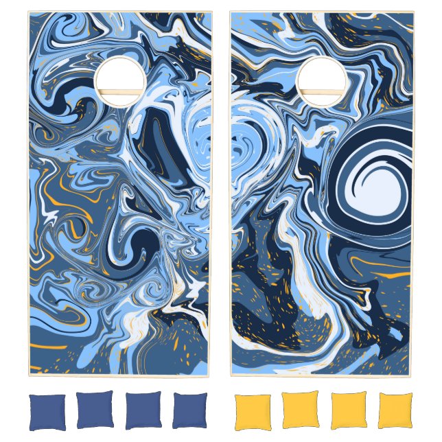 Blue, White and Gold Swirls Fluid Art Cornhole Set (Set)