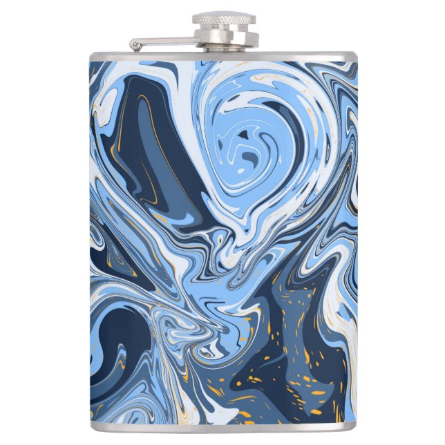 Blue, White and Gold Swirls Fluid Art Flask (Front)