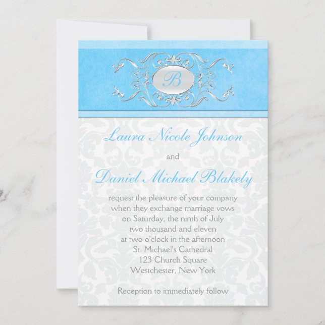 Blue, White, and Gray Damask Monogrammed Invitation (Front)