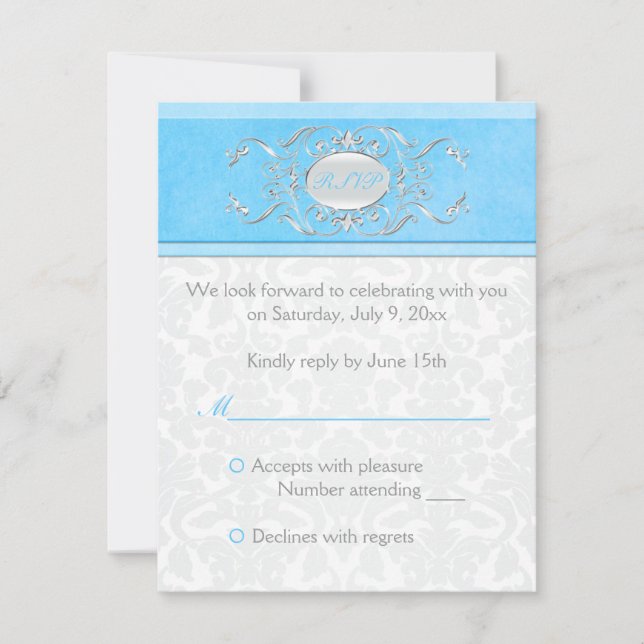 Blue, White, and Gray Damask Reply Card (Front)