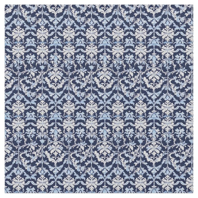 Blue White and Gray Damask William Morris Style Fabric (Close Up)