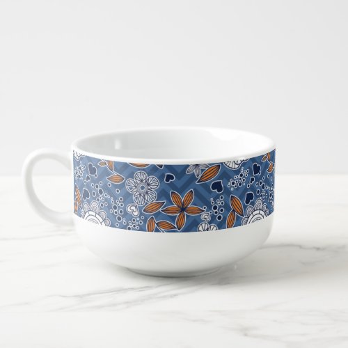 Blue White and Orange floral design Soup Mug