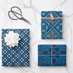 Blue, White and Orange Spanish Tile Assorted Wrapping Paper Sheets