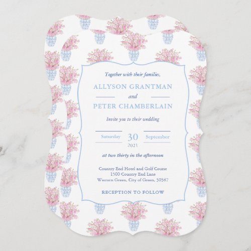 Blue White and Pink Chinese Pottery Wedding Invitation