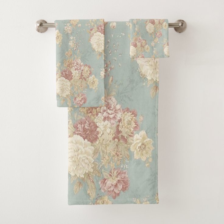 Blue White and Pink Floral Shabby Chic Bath Towel Set | Zazzle