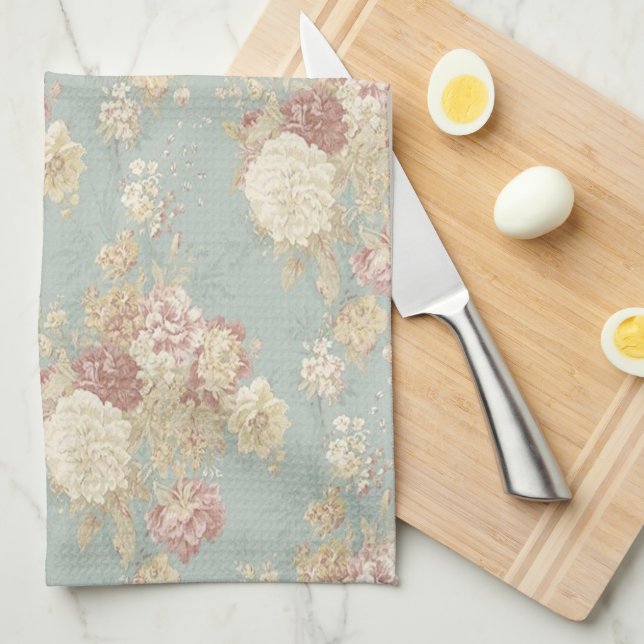 Blue White and Pink Floral Shabby Chic Flowers Kitchen Towel (Quarter Fold)
