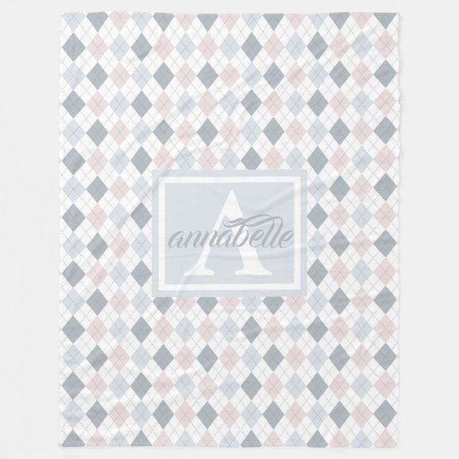 Blue, White, and Pink Personalized Fleece Blanket (Front)