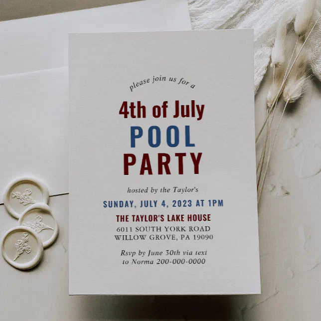 Blue White and Red 4th of July Pool Party Invitation | Zazzle