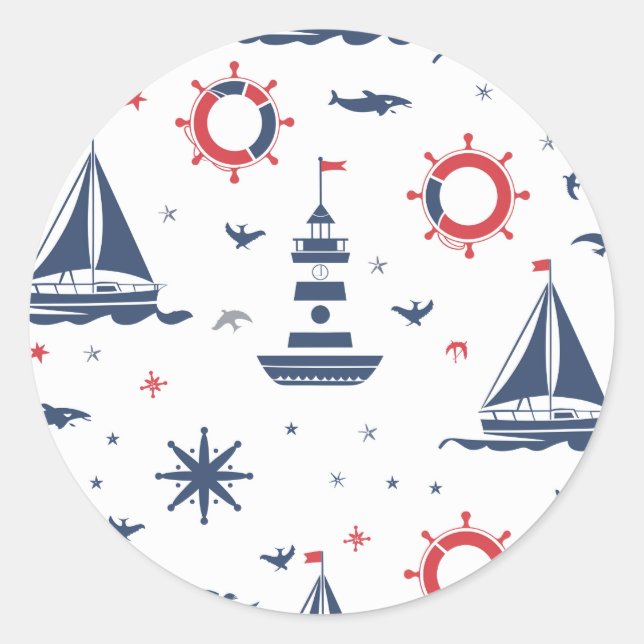 Blue, white and red nautical design classic round sticker (Front)