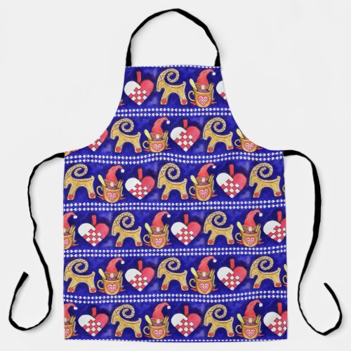 Blue White and Red Swedish Christmas Watercolor Apron