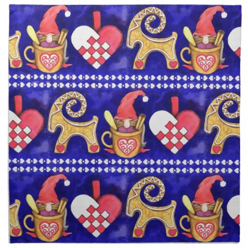 Blue White and Red Swedish Christmas Watercolor Cloth Napkin