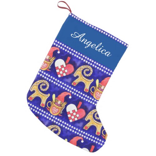 Blue White and Red Swedish Christmas Watercolor Small Christmas Stocking