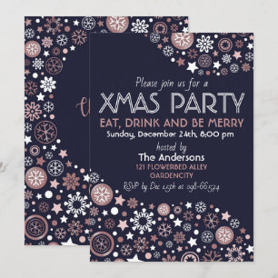 Blue, white and rose gold winter xmassnowflakes invitation