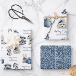 Blue White and Silver, White Festive Puppy Holiday Wrapping Paper Sheets
