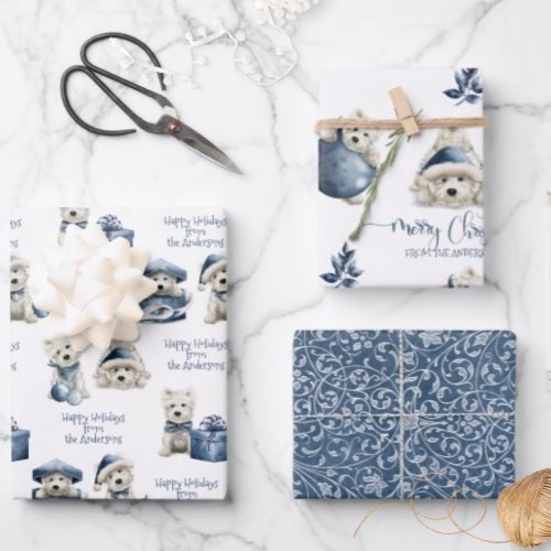 Blue White and Silver White Festive Puppy Holiday Wrapping Paper Sheets