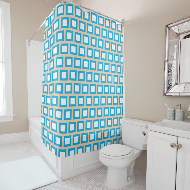 Blue white and Tan Beachy colors Shower Curtain (In Situ)