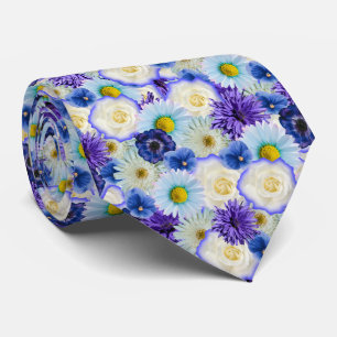 Blue White and Yellow Flowers Floral Collage Neck Tie