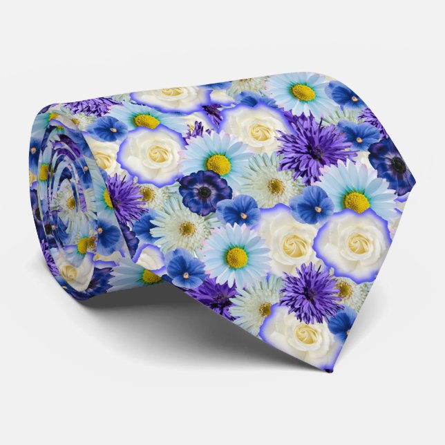 Blue White and Yellow Flowers Floral Collage Neck Tie (Rolled)