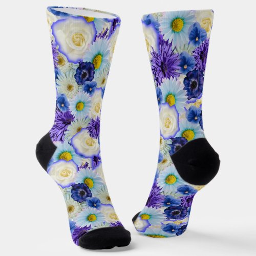 Blue White and Yellow Flowers Floral Collage Socks