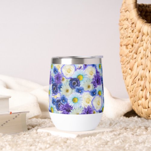 Blue White and Yellow Flowers Floral Collage Thermal Wine Tumbler