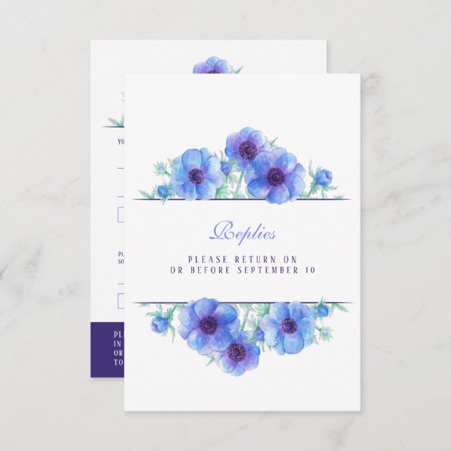 Blue white anemone floral wedding QR reply RSVP  (Front/Back)