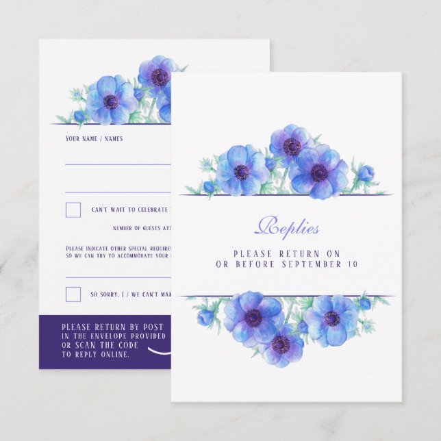 Blue white anemone floral wedding QR reply RSVP  Card (Front/Back)