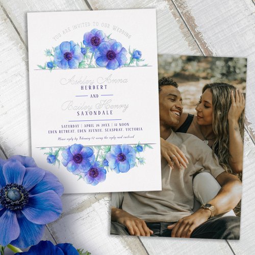 Blue white anemone watercolor wedding foil photo foil invitation