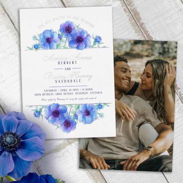 Blue white anemone watercolor wedding foil photo invitation (Creator Uploaded)