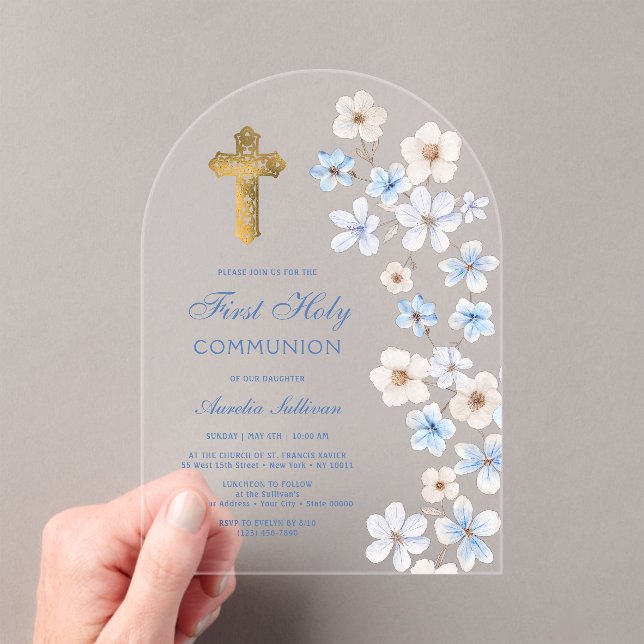Blue White Anemones Arch First Communion Acrylic Invitations (Insitu (Handheld))