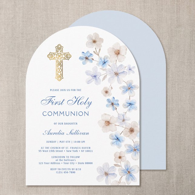 Blue White Anemones Arch First Communion Invitation (Creator Uploaded)