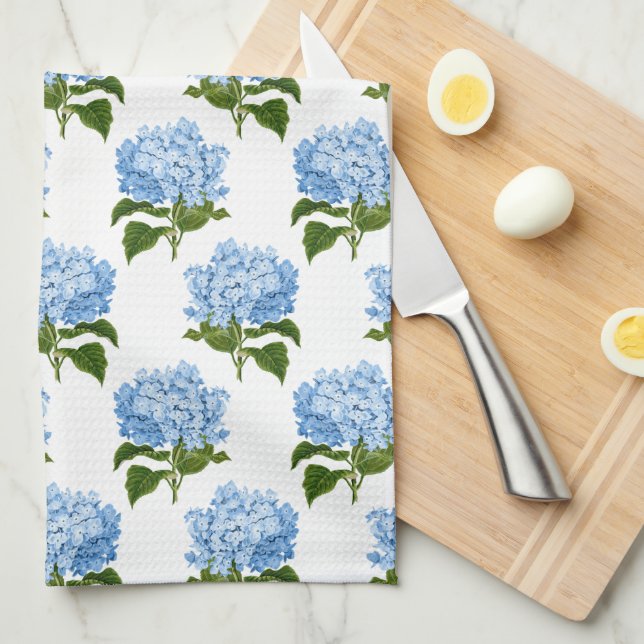 Blue White Antique Hydrangea Illustration Pattern Kitchen Towel (Quarter Fold)