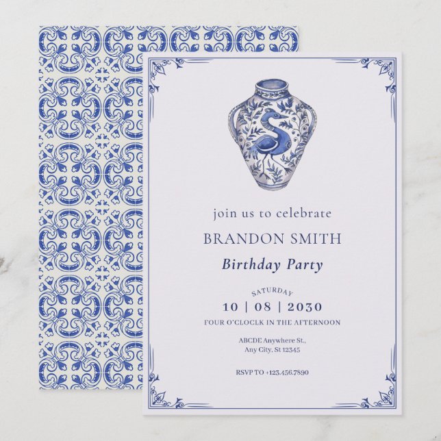 Blue white antique vase art birthday  invitation (Front/Back)