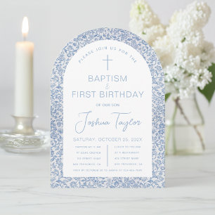 Blue White Arch Floral Boy Baptism First Birthday Invitation
