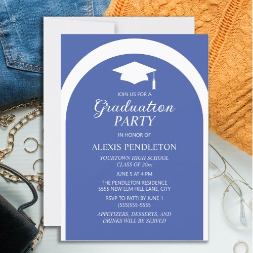 Blue White Arch High School Graduation Cap Invitation