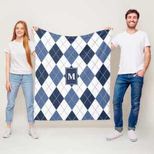 blue white argyle plaid monogrammed fleece blanket