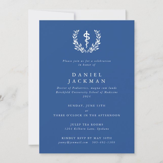Blue/White Asclepius Medical School Graduation Invitation (Front)