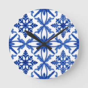Blue White Azulejo Tile Floral Pattern Round Clock