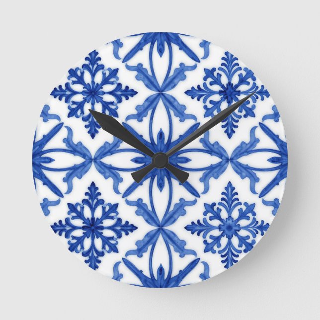 Blue White Azulejo Tile Floral Pattern Round Clock (Front)