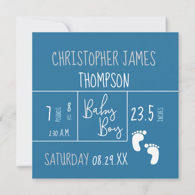 Blue White Baby Boy Photo Birth Announcement (Front)