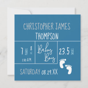 Blue White Baby Boy Photo Birth Announcement