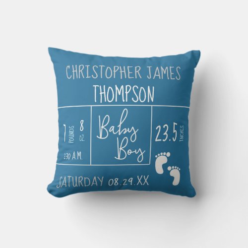 Blue White Baby Boy Photo Birth Announcement Throw Pillow