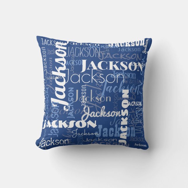 Blue White Baby Name Pattern Modern Typography Throw Pillow (Front)