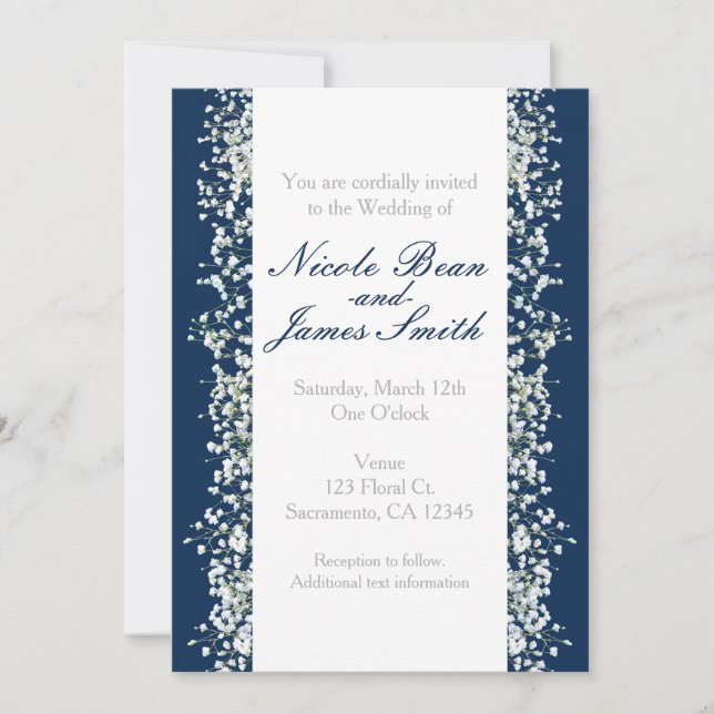 Blue & White Babys Breath Wedding Invitations (Front)