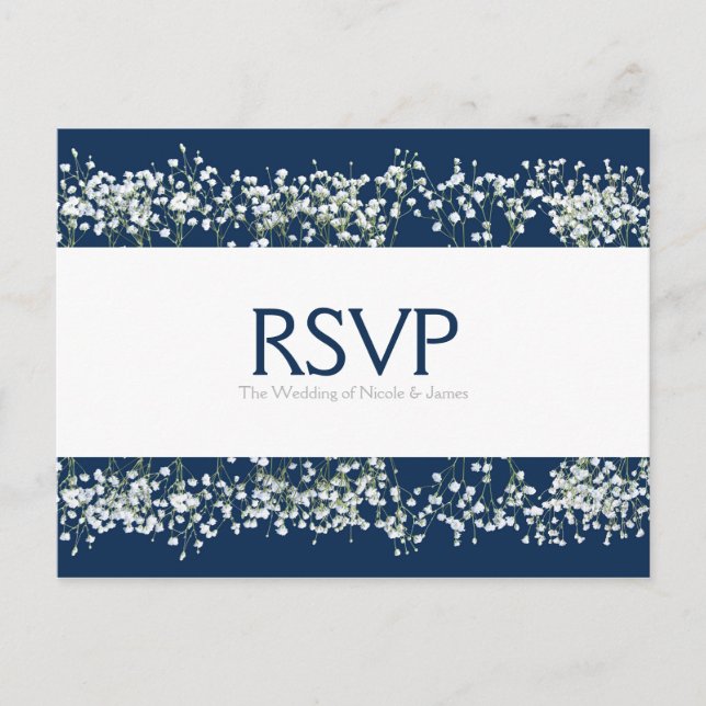 Blue & White Babys Breath Wedding RSVP Card (Front)